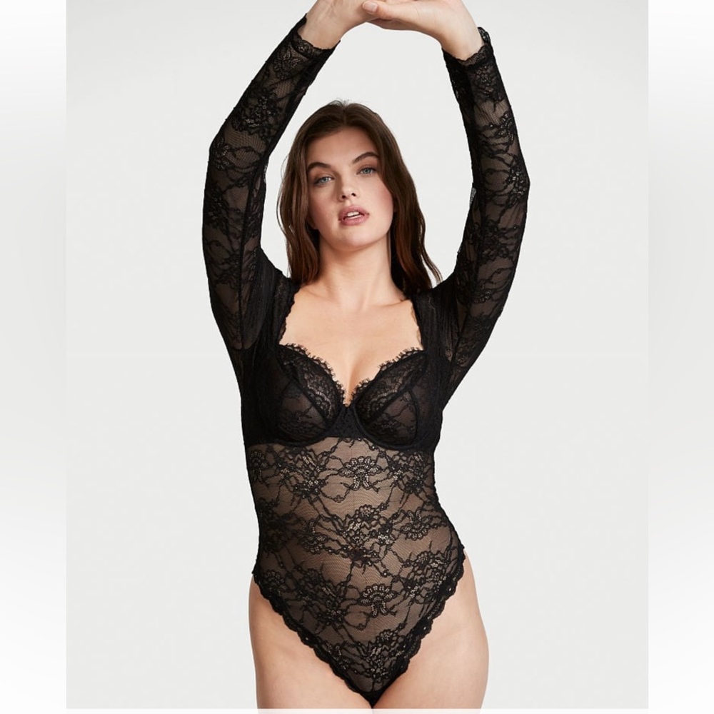 NWT Victoria’s Secret Black Lace Long Sleeve Teddy Bodysuit | MEDIUM